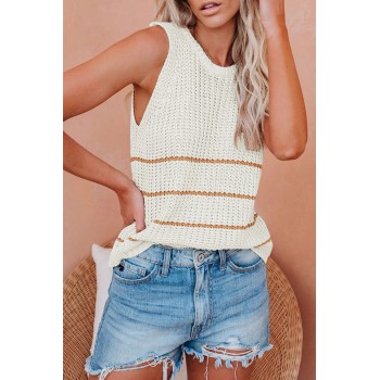 Beige Knit Tank Top with Stripes